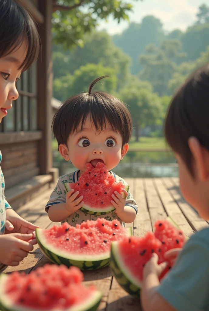 Summer heat, in the woods, a group of little boys and girls with big eyes eating watermelon under the trees, vista --auto