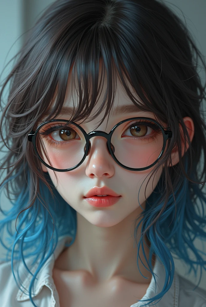Girl with bob cut blue-black hair thin and small lips, small almond-shaped eyes, big ball nose, oval face with glasses and pimples, brown skin tone