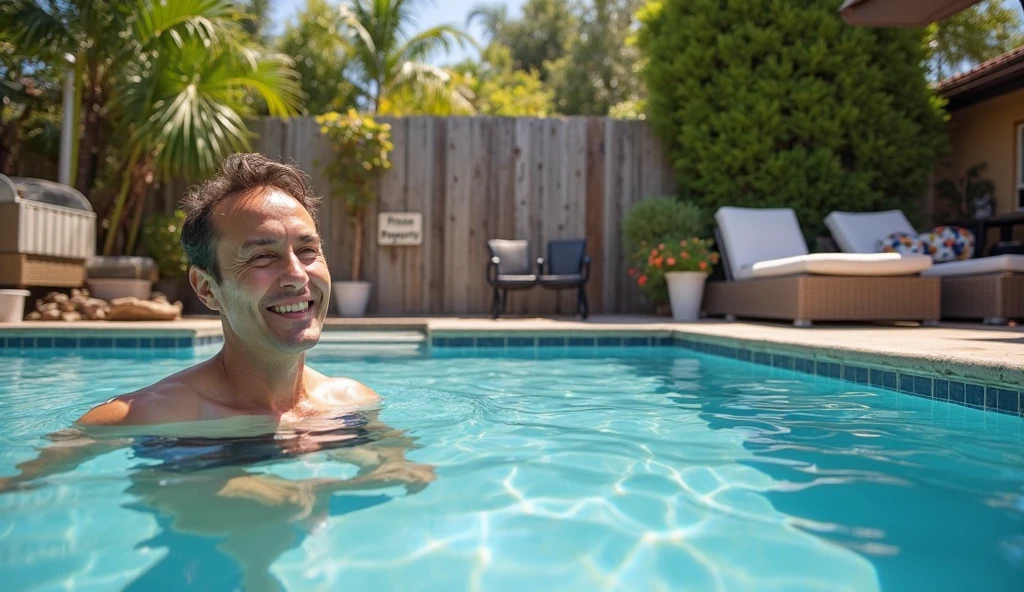 Un homme près d'une piscine la nuit