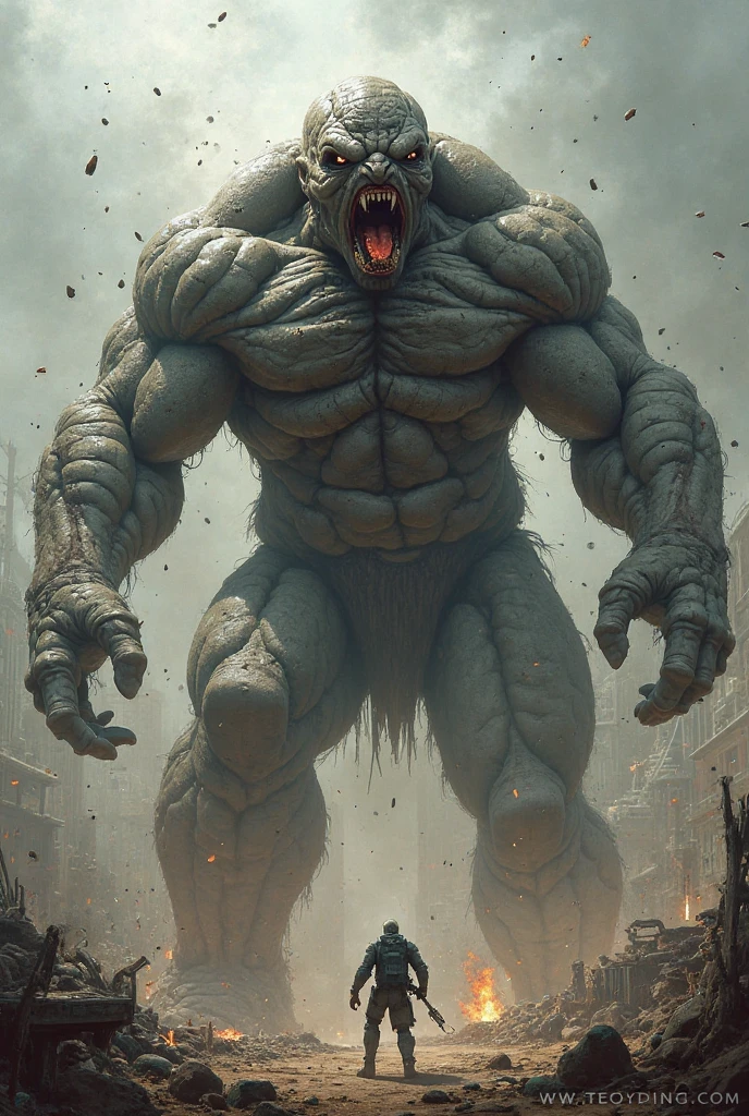 Teren from angry birds is very big, he is very plump and pumped up and evil and cold and there are a lot of ruins near him, he looks down with a shadow