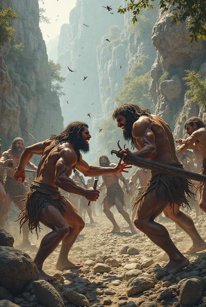 High resolution, ultra-detailed illustration depicting a realistic prehistoric battle scene between Neanderthals and Homo sapiens, ancient warfare, ((historical accuracy:1.2)), realistic anatomy, detailed facial features, tribal markings, primal weapons, authentic stone tools, realistic landscapes, intricate details of clothing and armor, intense action, ((accurate terrain:1.3)), historical realism, dynamic composition, ((fighting in a cave:1.4)), realistic wildlife, atmospheric lighting, ((dirt and mud:1.2)), professional paleo-artist, trending on scientific journals, 64k resolution, detailed expressions, primal conflict, realistic fire effects, ((realistic flora:1.2)), ((accurate fauna:1.3)), captivating storytelling, realistic depiction of primitive society.