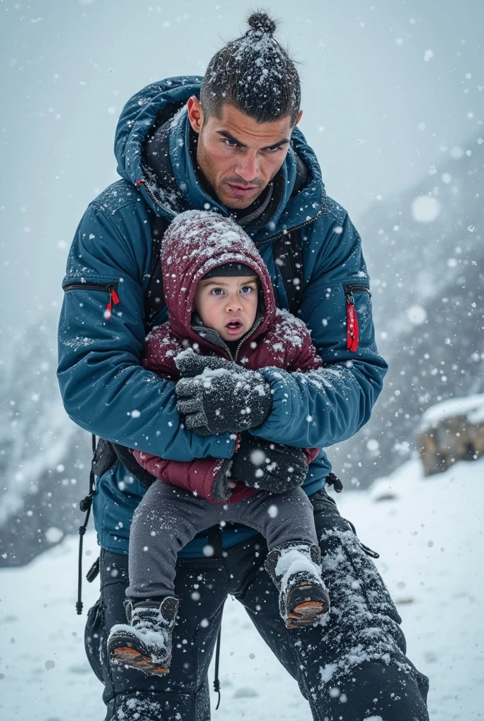 father talking to son in the snow.