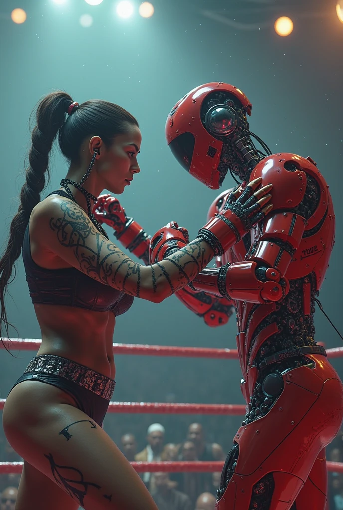 A beautiful woman is in a promotional boxing match against a sparring robot. The robot is very scary and clearly a machine with red glowing eyes