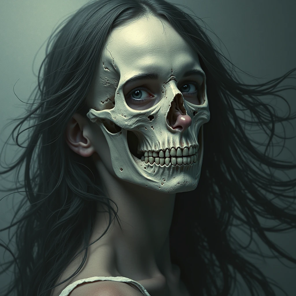 a woman with a horrifying face, extremely ugly and distorted features, sunken eyes, gaping mouth, rotting skin, a skeletal body, unhealthy and uncomfortable appearance, in a dark, unsettling horror atmosphere, highly detailed, photorealistic, 8k, best quality