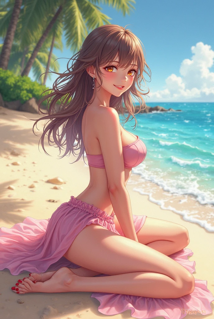 (best quality,4k, highres, masterpiece:1.2), ultra-detailed, (realistic, photorealistic, photo-realistic:1.37), vivid colors, physically-based rendering, HDR,UHD, extreme detail description, studio lighting, bokeh, sharp focus, professional, portraits, beautiful young Japanese woman, Ryo, soft, silky wavy purple hair, mesmerizing violet eyes, plump, kissable lips,essence of beauty, kemono with flowers blooming patterns opened up, no belt, pink bikini, top-notch figure, big bouncing breasts, running on the sandy beach, playful smile, carefree laughter, joyful expression, companion by her side, girlfriend, holding hands, matching pink bikinis, carefree laughter, gentle sea breeze, warm sunlight, golden sand beneath their feet, crystal clear ocean, splashing waves, happiness, freedom, summer escape, unforgettable memories. Naked people in background