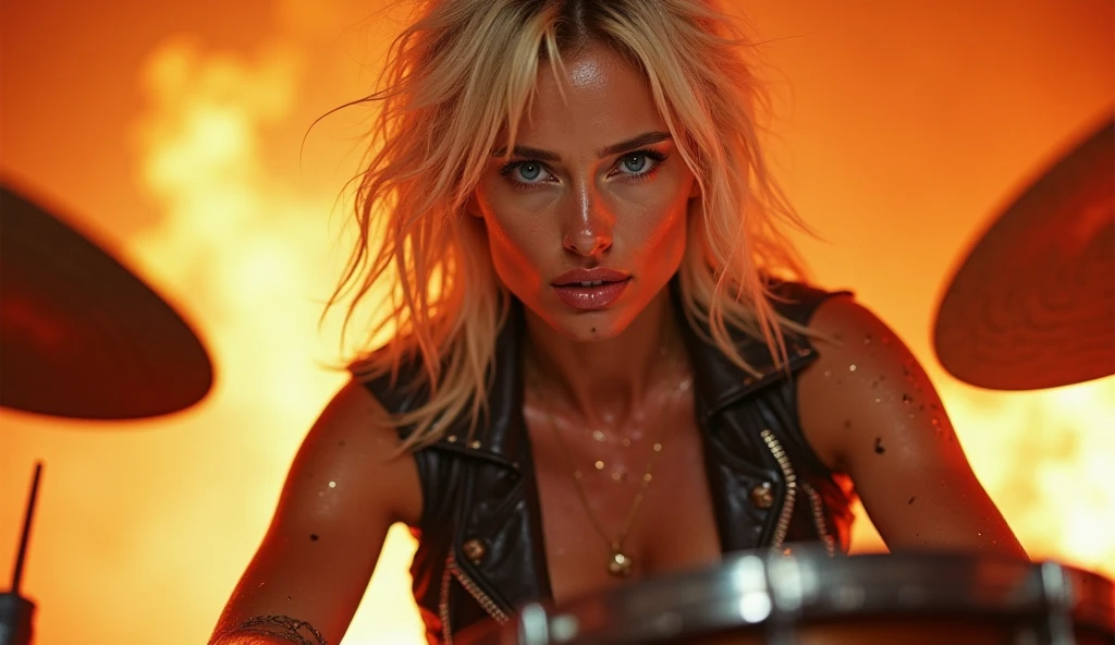 Heavy Metal magazine cover, (best quality, masterpiece), (detailed eye), intricate detail, depth of field, (white golden hair with dreadlocks), beautiful sexy young platinum hair woman Megan Fox (MF) in a tattered fantasy scantily clad, ((black combat cargo pants)), black leather coat, ripped top, cleavage, white skin, black combat boots, dark grey cargo pants,  art by Simon Bisley,