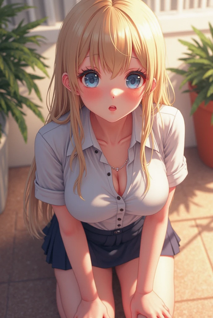 1woman,Sitting, blushing, shocked expression,on the grass, at night,full of stars, short t-shirts, very big breast,black t-shirts,black skirt, mini skirt,ruffle skirt,black ribbon headband,bangs,blue eyes,blonde hair,long hair,straight hair,ultra detail,ultra Hd, masterpiece,4k