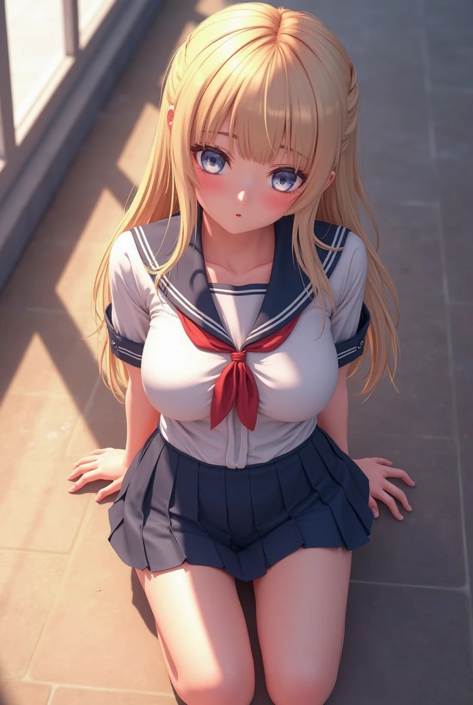 A cute and cute girl wears a fluffy bow on her head and wears a sailor suit and white stockings. Details（White and translucent meat）Detailed eyes, detailed facial features, perfect body proportions, a sweet smile, thick-soled platform shoes, sunny and lively scene setting, on the school campus lawn.。