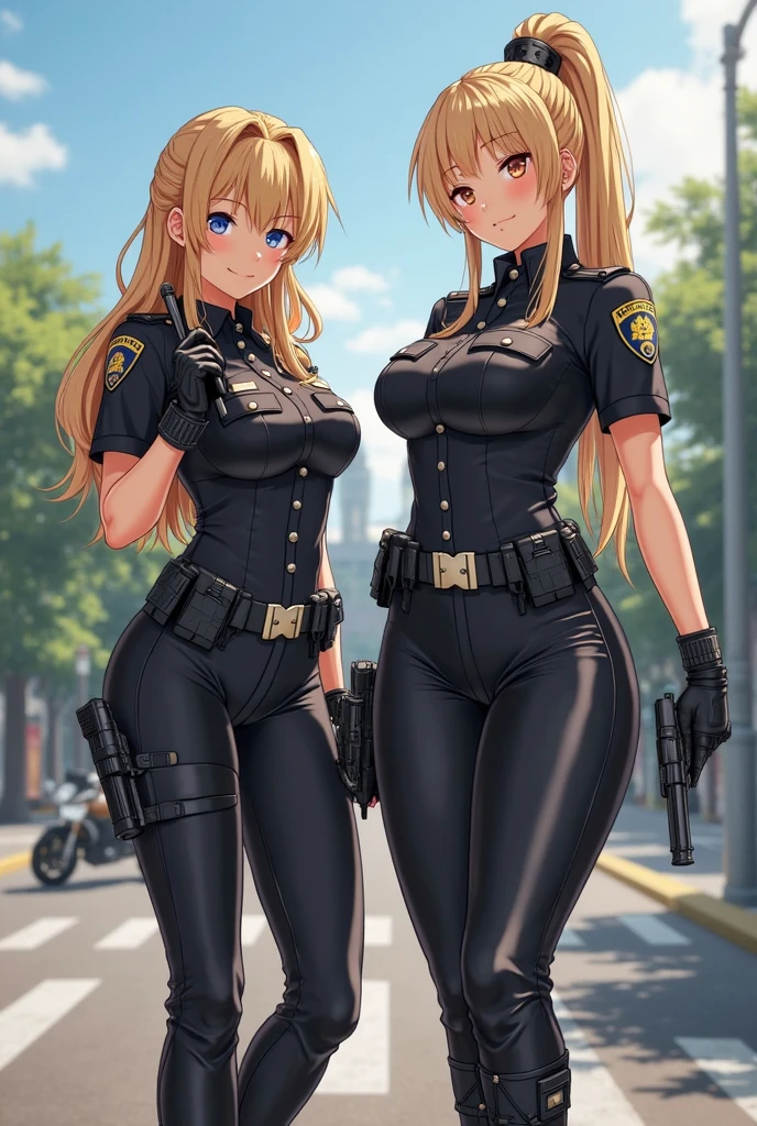 Elegant mature woman, 2girl, two girl ,long hair,mature female,makeup,eyelashes,blush, lipstick, masterpiece, best quality, highly detailed, a anime girls in police uniforms with a gun posing for a
picture, police outfit, military outfit, open mouth, cleavage, evil smile, smile, ecchi anime style, anime
girls, ecchi style, ecchi, digital anime art!!, in anime style, , (nsfw) not safe for work, official artwork,
visual novel cg, beautiful anime girl, anime style 4 k, micro pencil skirt, pencil skirt, micro skirt, exposed
belly, exposed navel, exposed midriff, exposed lower belly, holding a gun, , outdoor,street,road, next to police car, police car