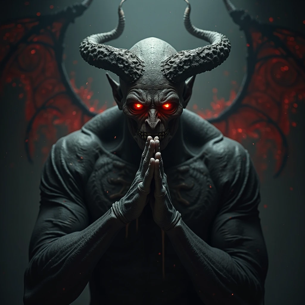Frontal portrait Hyper focus, A demon (masculine) red skin with black spots (curved horns) eyes closed and hands joined in prayer, discret smile, a halo over the head, dark background with a grayish haze, ultra realisitic, Hyper-Realism, Ultra image definition.