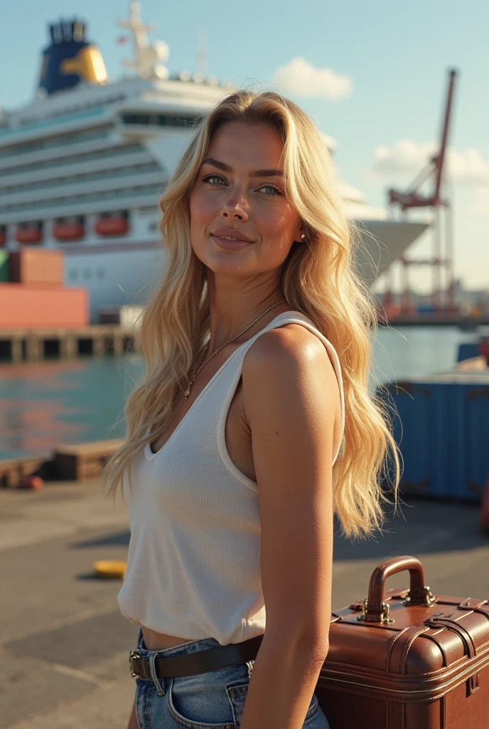 Grandstand Glam: Subject: A blonde 36dd bra woman (22) in miniskirt leans on a rusty railing in the Miami walkboard, holding a cocktail glass. The vibrant yacht blurs past in the background. Style: Realistic with a textured rust overlay on the railing and subtle rust details on the background. Technical: High-resolution camera (e.g., Canon EOS R5), zoom lens (e.g., 70-200mm), fast shutter speed to blur the race yacht, focus on the woman and the railing.