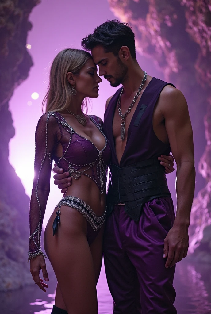 Create an image of a pomba gira wearing a purple dress next to a young man with a beard and feminine features.. The face of the Pomba Gira radiates power and intimidation, while holding your cigarillo, Let loose your laughter,  and with the other hand he holds a shiny steel chain where evil souls are imprisoned. The young man's face is androgynous and he is homosexual