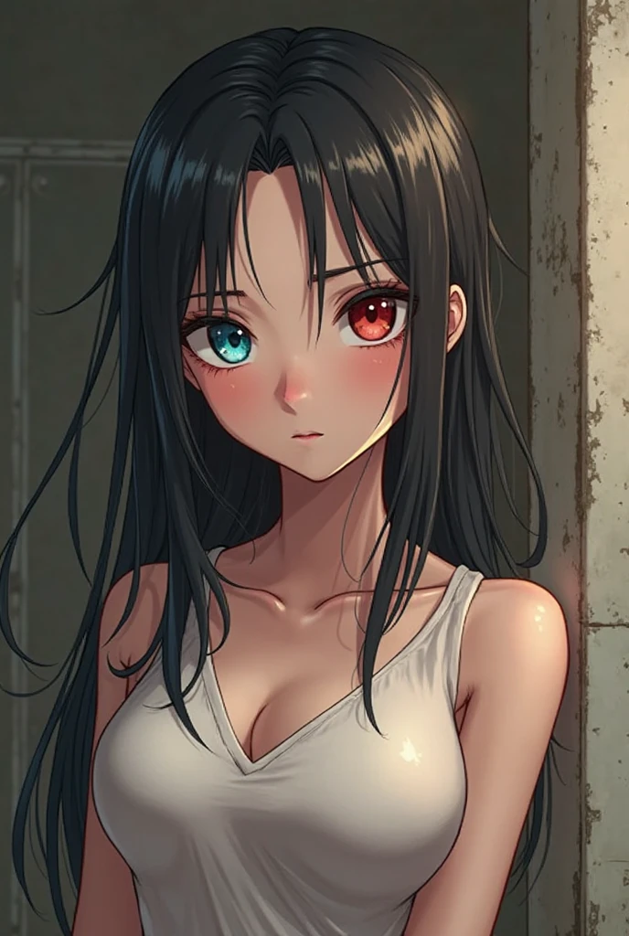 (masterpiece:1.2, best quality), 1girl, (make her yukino yukinoshita:1.5), smirk, slim, slender, green eyes, sharp eyes, small_breasts, flat_chest, leaning forward, facing viewer, from below, white shirt, pleated skirt, areola slip, down blouse, embarrassed, very long black hair, ^ ^, school