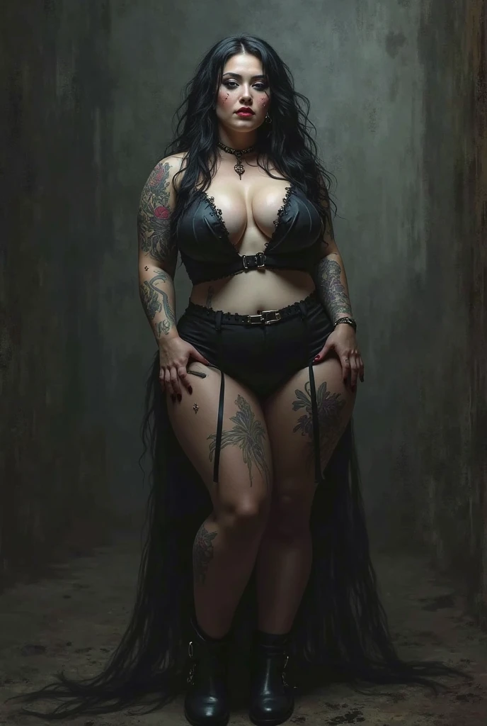 a demoness with a heavy physique, exuding power and sensuality. She is extremely voluptuous, with curves that suggest strength and allure. Her features are strikingly beautiful, with mesmerizing eyes that hint at her mysterious nature. The demoness is adorned with intricate, otherworldly tattoos and jewelry that enhance her beauty. She stands in a powerful and confident pose, radiating an aura of both danger and irresistible charm. The background is a fantastical landscape that reflects her dark and alluring presence. Extremely voluptuous, chubby, plump, heavy physique, curvy, mystical cinematic background, full figured woman, enormous figure, succulent , succubus, enormous physique, giantess figure, giantess, demoness, killer beauty
