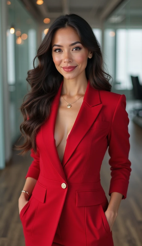 Create an image of a brunette woman with black hair below her shoulders, dressed in red clothes in an office.