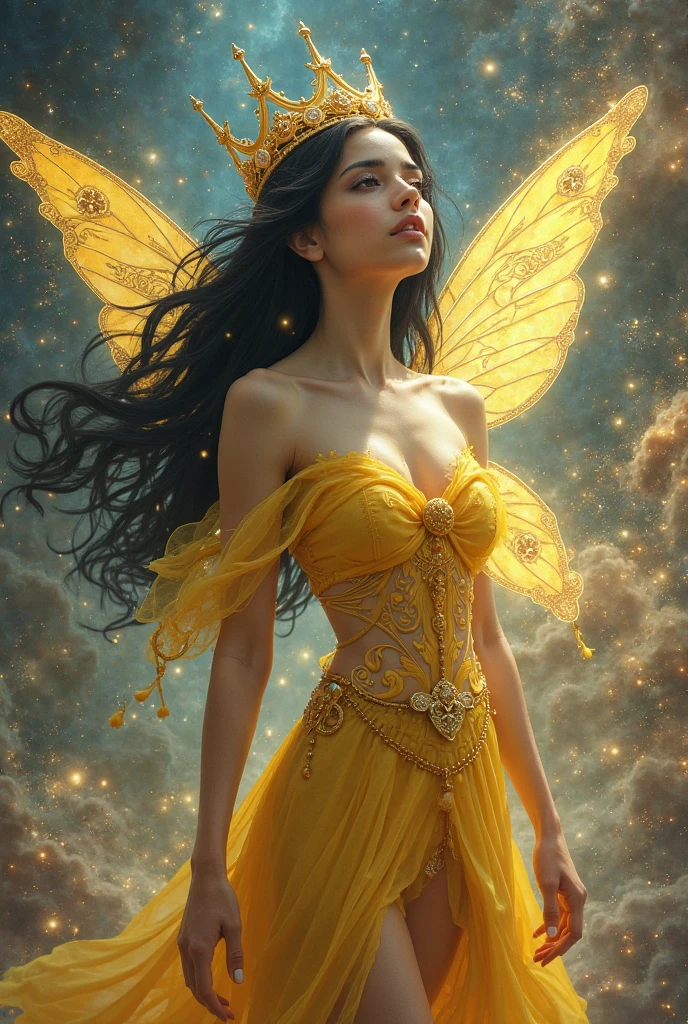 (The setting is black and gold). Her dress has a beautiful pulsating and sparkling golden pattern and rainbow colors that gives her an extraordinary appearance. a spiral halo of energy hovers in the cosmic background, giving the image an otherworldly appearance, ((a current of energy rotates as if cutting through the air), golden and iridescent butterflies fly around the ((beautiful woman)), (((ultra -intricate detailed illustration of a stunning woman, a ghostly creature,))) (transparent floral fabric of her robes floating around the main character) (unusual chromatic contrast) UHD, HDR, 8K.