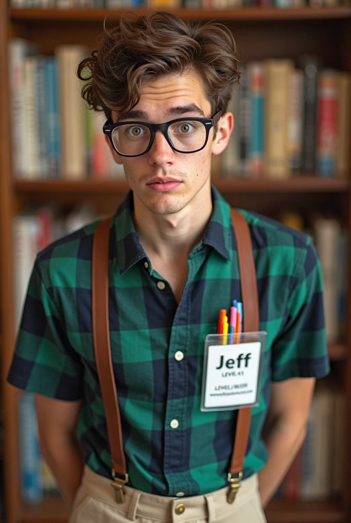 (photorealism:1.2), dark boy, long hair with curls, dimples, sexy smile, High school boy with muscular build, a camera hanging from his neck and half-moon lenses, brown hair and green eyes. unreal beauty.

