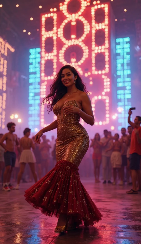 Image of a dark-haired crowdsurfing woman with windblown curls, her hair is intertwined, like a flame against the twilight sky radiating beauty, Big breasts,   mascara, eyeliner, alluring necklace, wearing a gorgeous colorful  see through fishnet dress , in mexico city  , jumping into a crowd