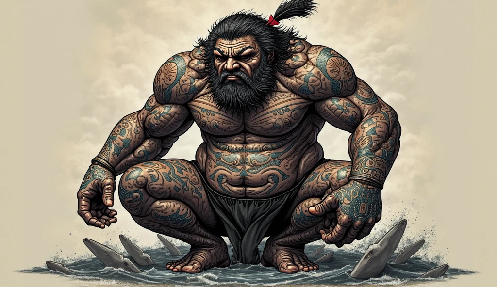 Cyclops,The first one,Brown skin, topless,Huge sword on shoulder,Male monster,Bandaged hand,Japanese Yokai,Japanese style