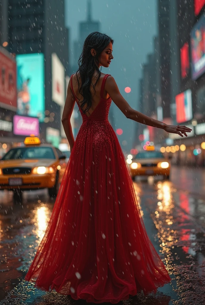 Anne Hathaway's face, mystical film version, (((Fuchsia dress))), long dress, tight dress, wet dress, transparent dress, chiffon dress, (((transparency))), (((buttocks visible under the fabric translucent))), small breasts, nipples, athletic body, red lips, (((transparency on the buttocks))), ass, low back, city, shot from behind.