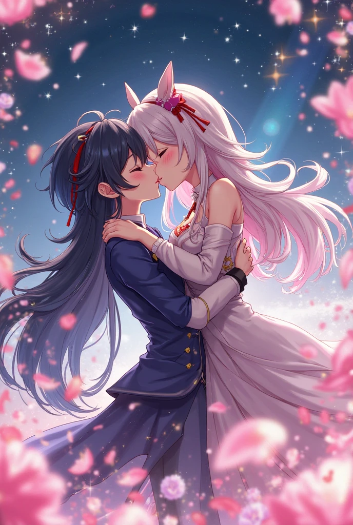 (Two-dimensional beautiful girl、colorful、most detailed 、highest quality, masterpiece, High resolution、two female gods hugging each other)、very fantastic、(sweating 1.3)、(((kiss)))、(Sweat evaporates around you)、very detailed、((Super detailed)), (Detailed CG illustration), ((very delicate and beautiful)),Gentle light、