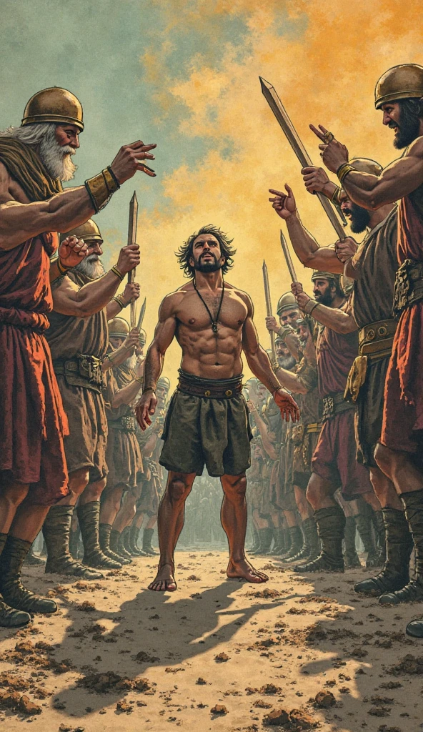 in roberto ferri and norman rockwell art style, a young slave, shirtless, barefoot, latino, perfect anatomy, sexy look realististic detailed muscles, with arms risen, dances in the center of a viking tavern