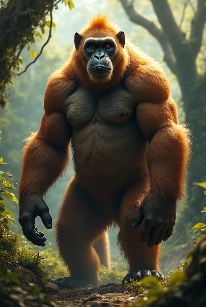 Create a captivating, hyper-realistic, AI-generated artwork of a gorilla from behind, positioned in a lush jungle. The gorilla should be depicted with its back facing the viewer, showcasing its powerful, muscular build and distinctive shoulder muscles. Capture the detailed texture of the gorilla’s fur, emphasizing its robust form and presence.

The scene should reflect the dense, vibrant environment of the jungle, with a backdrop of towering trees, dense foliage, and a variety of tropical plants surrounding the gorilla. Include details such as the intricate leaves, vines, and dappled sunlight filtering through the canopy, enhancing the natural setting.

Use natural, earthy tones to depict the gorilla and its environment, highlighting the contrast between the gorilla’s dark fur and the vivid greens of the jungle. The lighting should be soft and natural, with sunlight gently illuminating the gorilla’s back and casting detailed shadows on the foliage.

The style should be hyper-realistic yet artistic, focusing on the gorilla’s impressive physique and the lush beauty of its habitat. The final artwork should be high-resolution and visually striking, capturing the strength and serenity of the gorilla from a unique perspective in its natural jungle setting.

