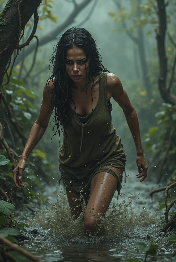 How a Woman Struggles in the Dark, Deep pit, drowning in a swamp. The night is getting more and more dangerous. The surrounding forest is dense and dark, with large trees, Casting strange shadows on the ground. Woman completely isolated, Cut off from the rest of the world.
The smell of damp earth and rotting leaves mingles with the woman's despair, The Formation of the Smell of Impending Doom,. luna, Hidden behind heavy clouds, Provides low lighting of the scene.
The woman is emaciated, Her muscles cramped from physical exertion, caused by trying to get out of the pit. her hair is messy, Her face and clothes are stained with mud. Her denim skirt and t-shirt and stockings are covered in mud. She looks like a creature from a horror movie, They are trapped in a dark and hostile environment with little hope of escape.
