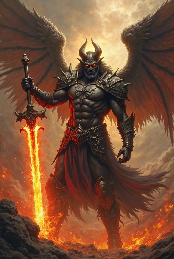 A male messenger from hell. He has long dark har, reddish eyes, big dark bat wings, shirtless and athletic, dressed with black leather rags. Background with volcanoes and lava