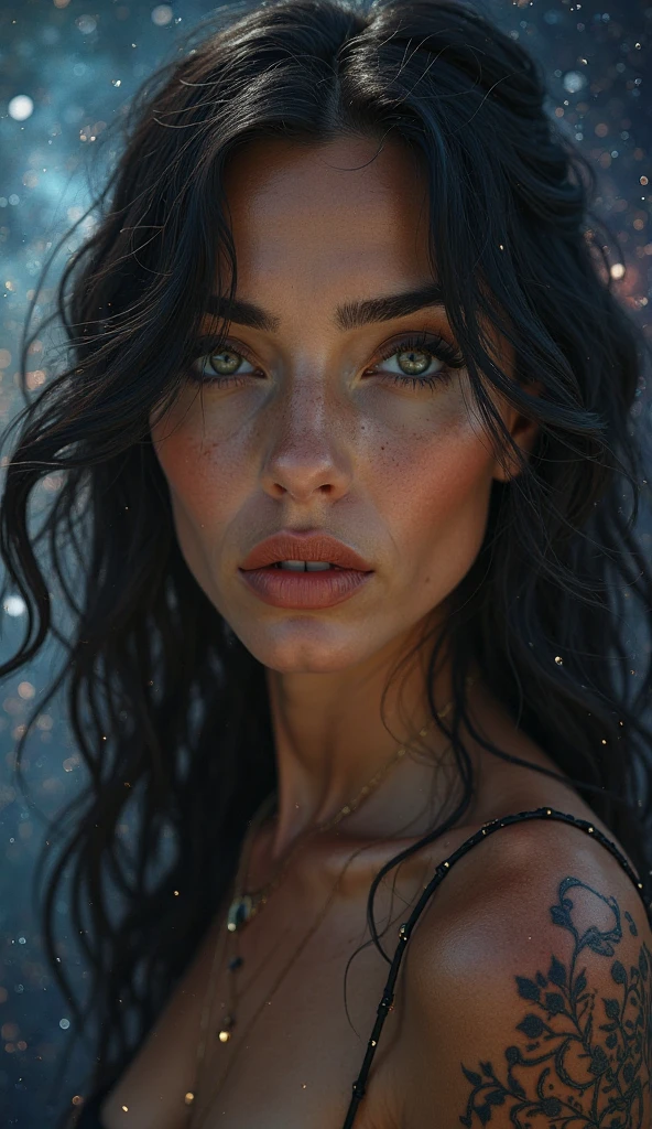 (best quality, hyperdetailed photography:1.2), beautiful lady, freckles, dark makeup, soft light, head and breast portrait, cover, (detailed beautiful face, detail skin texture, ultra-detailed body:1.1) ,((massive perfect breast)), ((snoopy breast:1.1)),((apocalyptic warrior:1.0)), strong body, red black hair, dark yellow eyes,,,,long open black coat, ((night, rain, thunder storm)),