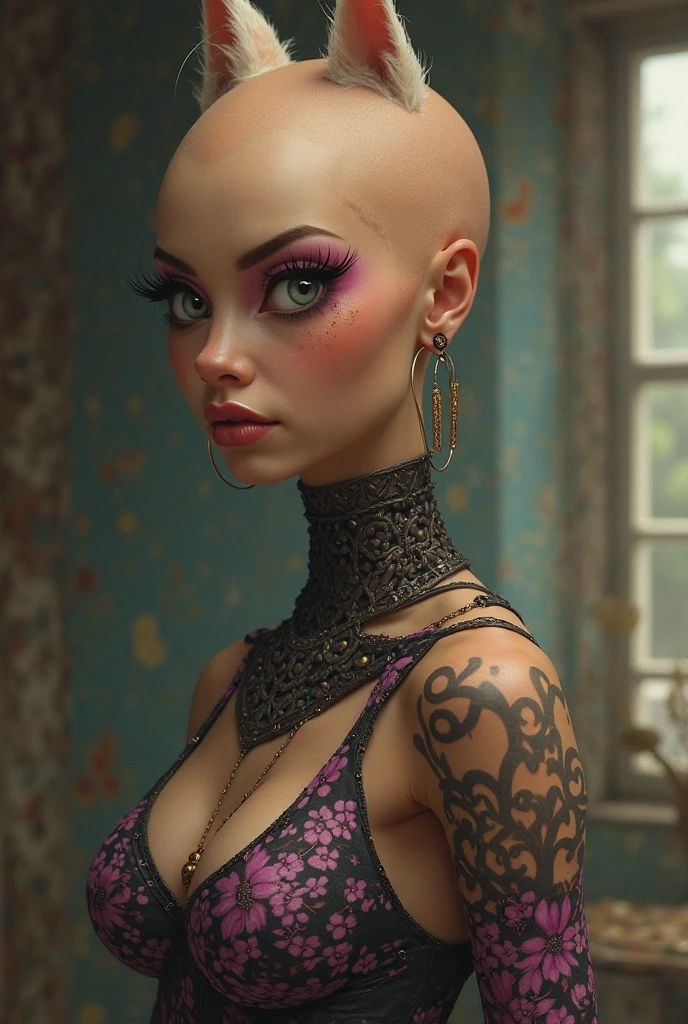 Close-up, an alien woman smiling, peculiar appearance, red fox eyes, short, pointed little nose, cat-like small mouth, hippopotamus ears, bald head, hairless cat-like skin, minimalist background, ((realistic)), masterpiece, highest quality, (masterpiece: 1.0), (best quality: 1.4), intricate details, super detailed, sci-fi movie