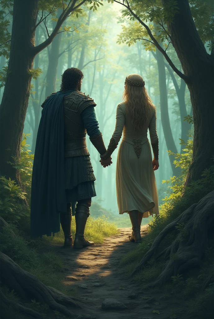 Two elves with spiky ear and fairy wings ( the man have short brown hair, the woman have white long hair ), run away towards a medieval town, they come from a forest.
