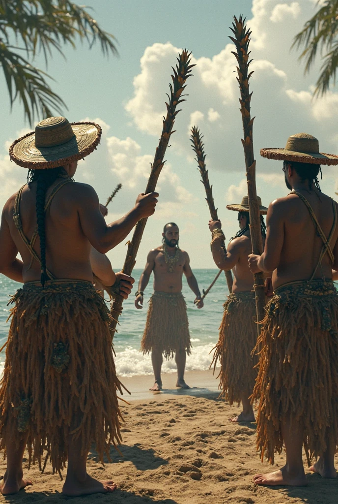 Illustration of the initial encounter between the Portuguese of Cabral and the Tupinambá Indians on the Brazilian beach, mostrando a troca cultural inicial.