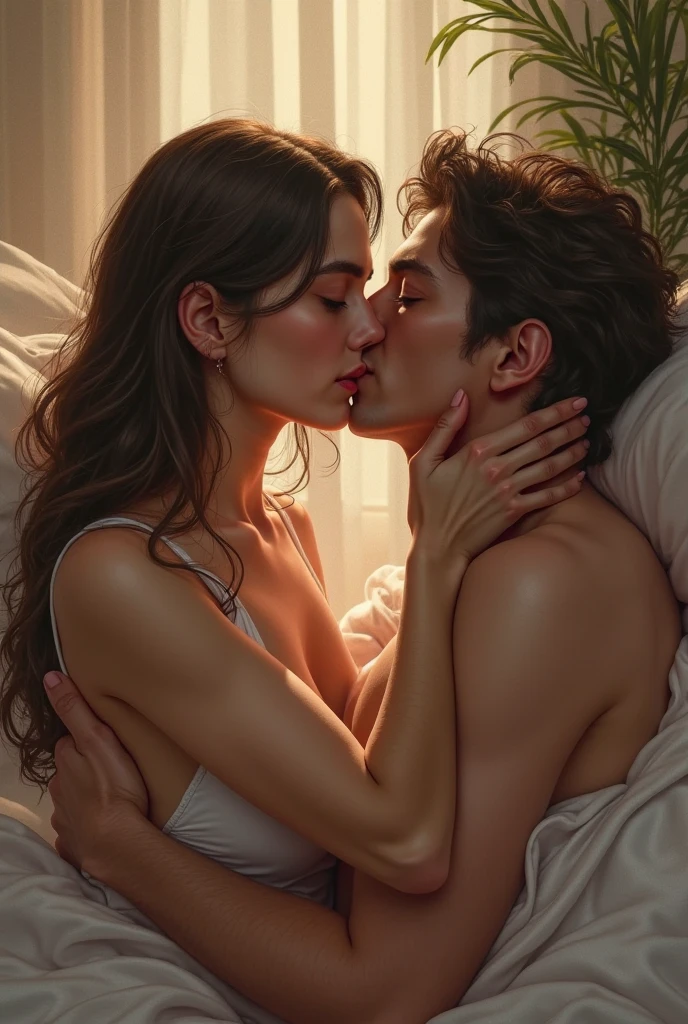 Boy and girl almost kissing. Cute Girl with black hair sexy face and big. Satisfying. On bed just use blanket. Soft vibes like an angel.