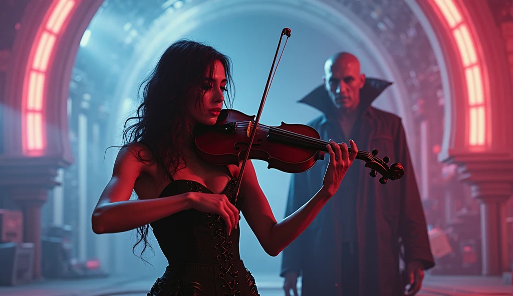 A almost skeletal zombie playing a violin and next to him a dark female undead singing, both are on a dilapidated gothic style stage, the atmosphere is eerie