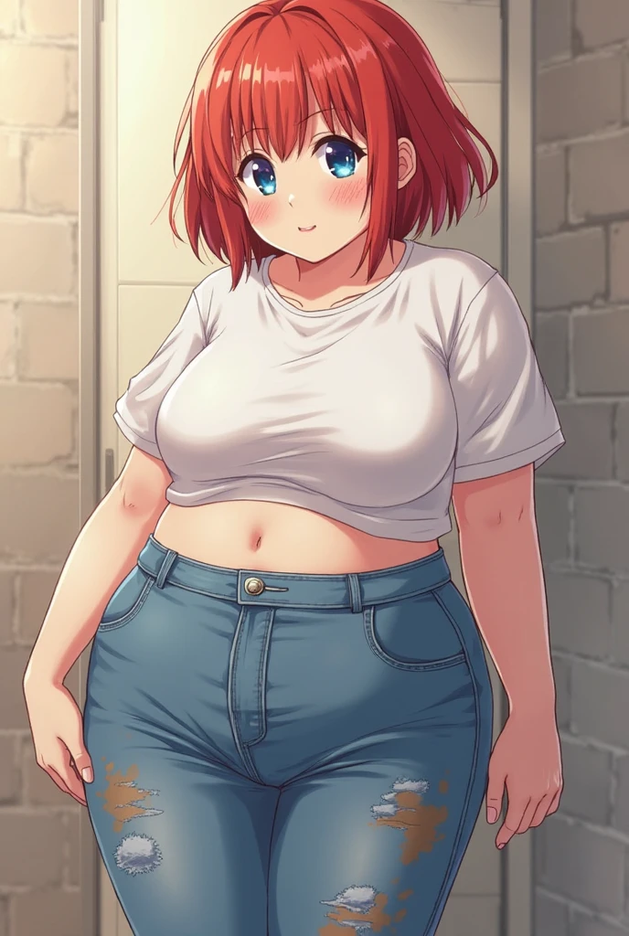 1girl, arms crossed, short red hairs, pink t-shirt, tight blue jean, big belly, angry eyes, big open smile, no background