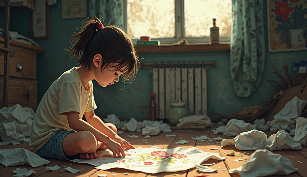 Child who is beaten and his drawings are lying around