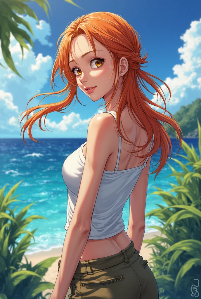 masterpiece, rich colors, Best quality, detailed, high resolution, Hyper quality, high detail, , high quality, detailing, skinny sexy girl on the beach , bright lighting , green eyes, Anime, palm trees, bright lighting, redhead,