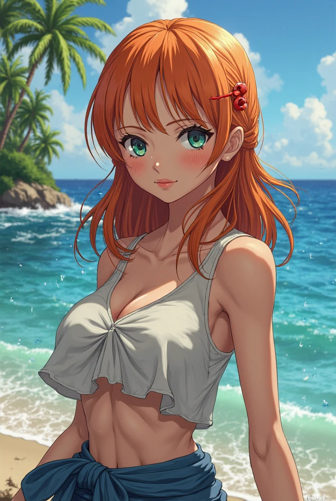 awasegawa_eiko1,red hair,yellow eyes,hair between eyes, thicc big breasts, bangs,  frilled green bikini , standing,sun glasses, flying hair, sexy, her skin covered with oil cream ,sun protector,straw hat, breasts press , body soaked in oil
