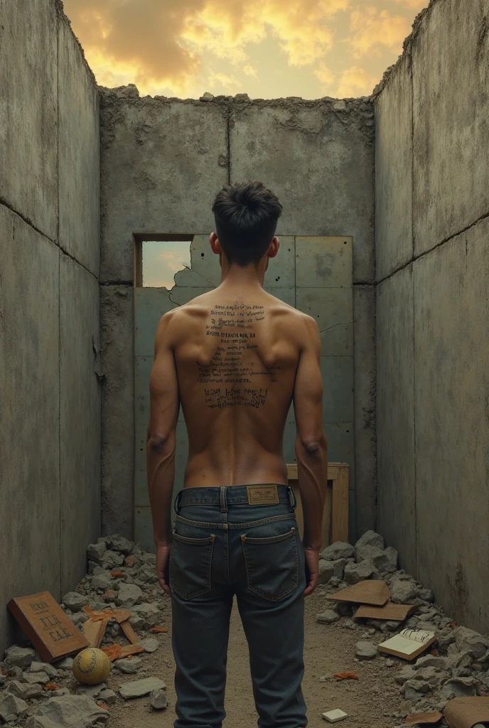 Muscular 30 year old man sees in a very large mirror the reflection of a 5 year old boy Sad and crying The is inside the mirror and the man is outside With a very muscular back and many scars