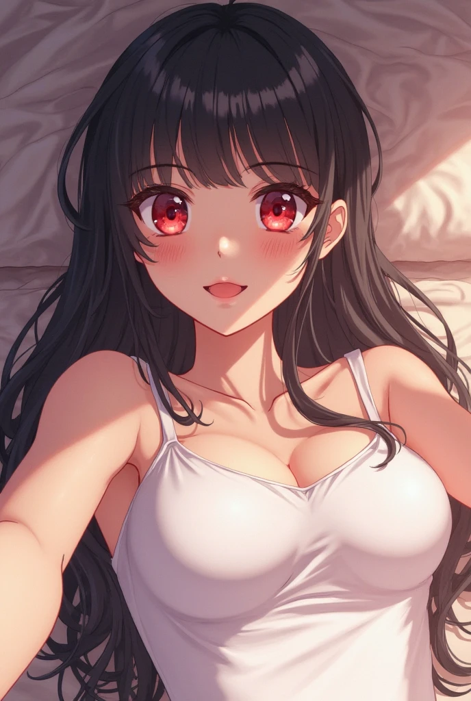 (highest quality, High resolution, perfect pixel, Depth of the bounds written, 4k), beautiful anime girl,
Tifa FF7、1girl in、looking at the viewers、
(blushing, seducting smile), open mouth,
large breast, cleavage,
(white tank tops), sweat,
upper body,
(lying on bed on back),