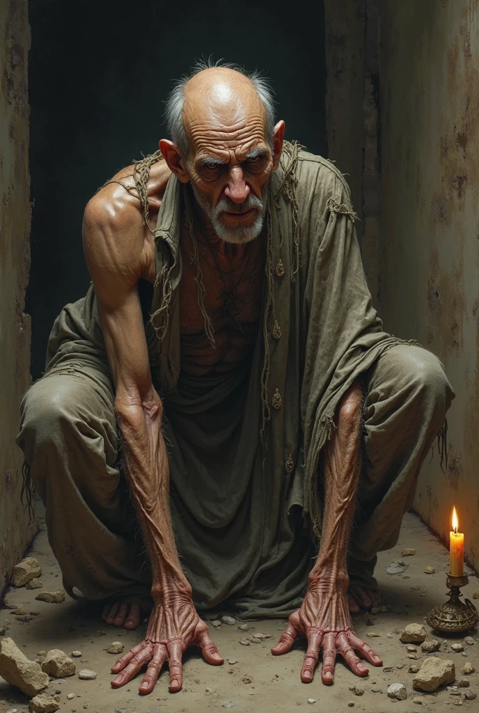 In a dimly lit room, a person sits cross-legged on the floor, their face etched with quiet determination. Their gaunt frame and hollow cheeks are illuminated by the soft glow of a single candle, casting long shadows on the walls. Beside them, untouched plates of food and glasses of water sit cold and neglected. The contrast between their emaciated form and the abundant, still food emphasizes the sacrifice they make in their devotion. Their eyes, focused and serene, reflect a profound sense of commitment and inner strength. The scene poignantly captures the essence of asceticism, where the physical toll of their restraint stands in stark contrast to the material abundance that remains out of reach.