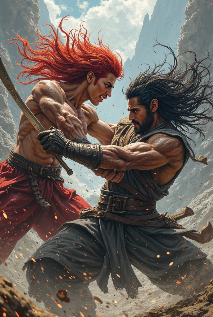 2 men, male, muscular, bodybuilder, (1 man with long red hair, stubble, blue eyes), (1 man with long black hair, stubble, grey eyes), wearing loincloth, shirtless, wearing jewel encrusted harness for weapons, (tattoos), (stubble), gold ornaments, grim expression, warriors in battle in ruins of a stone temple, sword, cuts, blood, a rust colored desert, two moons, orange sky, bokeh, raytracing, realistic textured skin, particle effects, depth of field, beautiful figure painting, bright light, amazing composition, HDR, volumetric lighting, ultra quality, elegant, highly detailed, masterpiece, best quality, high resolution,