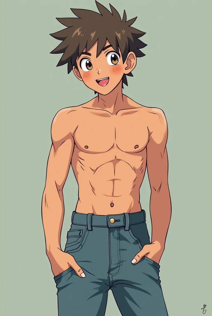 Shirtless smiling anime man taking off his pants and his boxers are visible