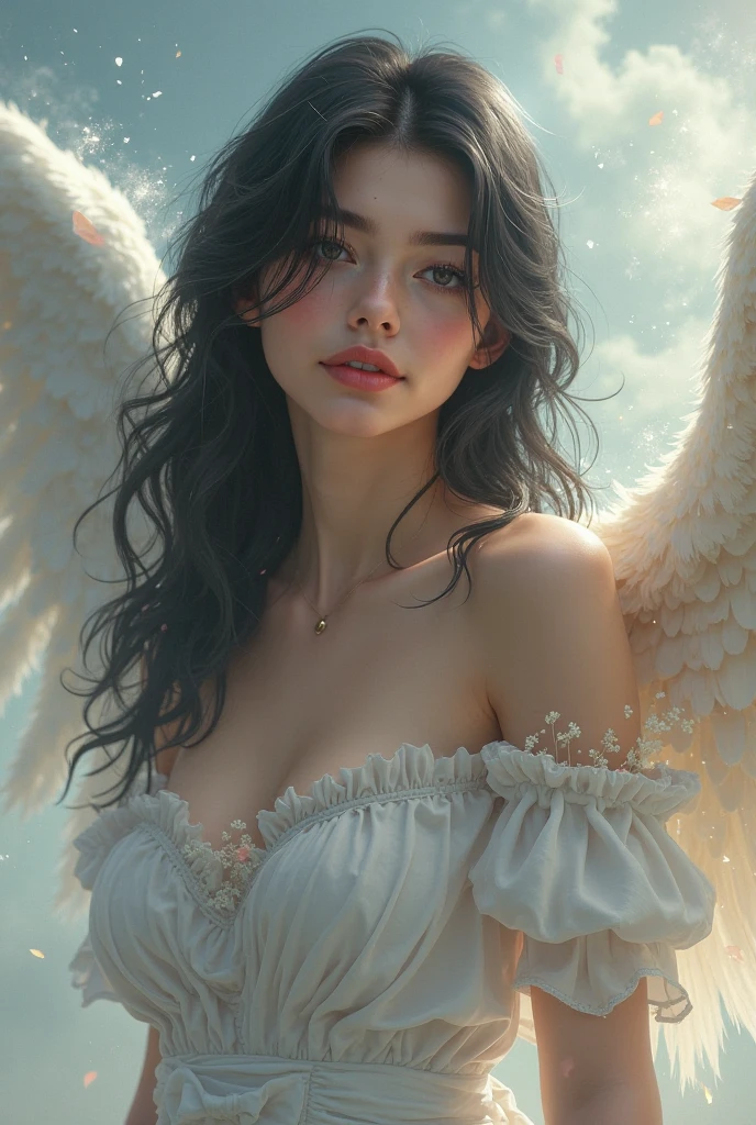 obra maestra, Calidad superior, 8K, real person, realista, CG muy denso, piel brillante, Totalmente enfocado, cielo, gloria divina, radiante, angel, blessing, felicidad,desnuda