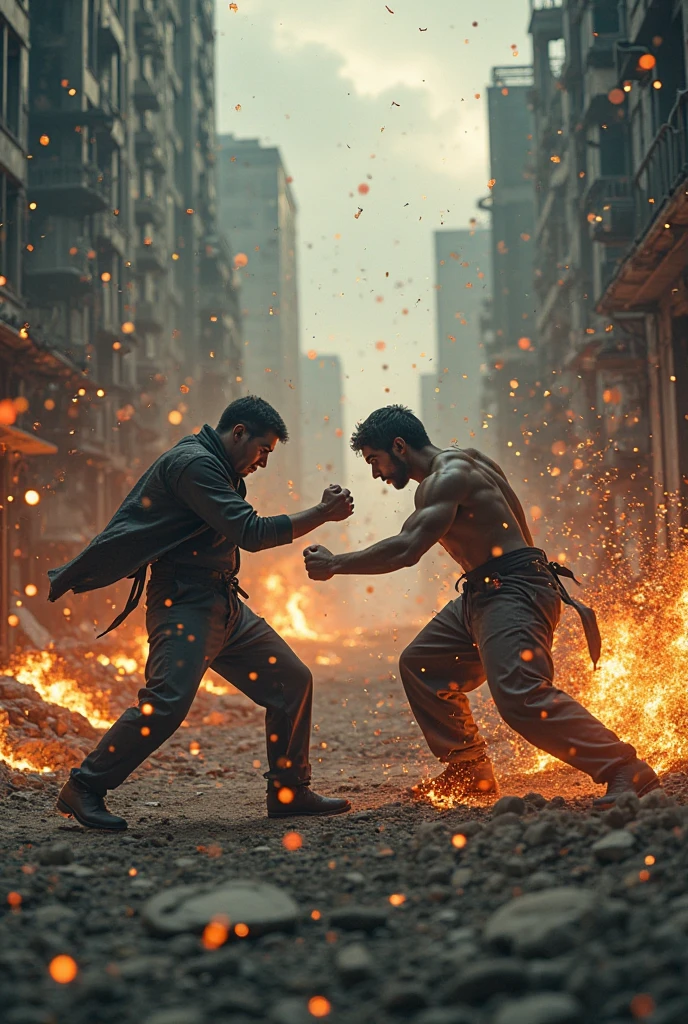 a stylish guy training boxing in the fourth dimension while the master of wizards throws a fireball at him 