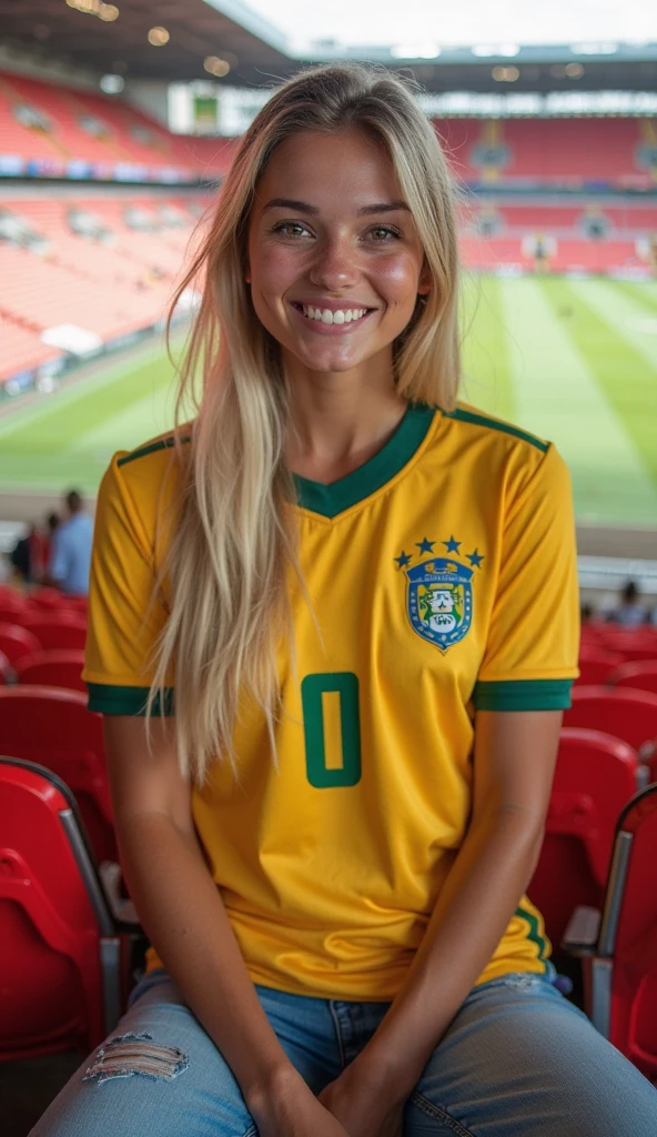 RAW photo, a 20-year-old Brazilian woman, in Brazilian football dress , blonde balayage, at football stadium ,best clear quality, 8k uhd, dslr, soft lighting, high quality, film grain, Fujifilm XT3,