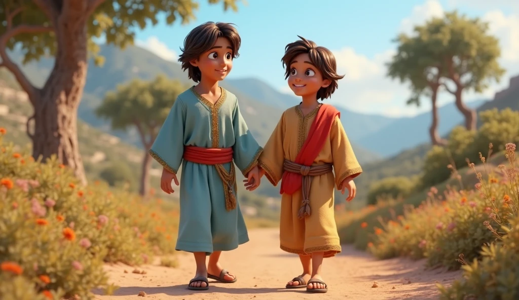 A 3D movie poster in Disney-Pixar style of Jesus as a  ??? helping his friend that broke his ankle
