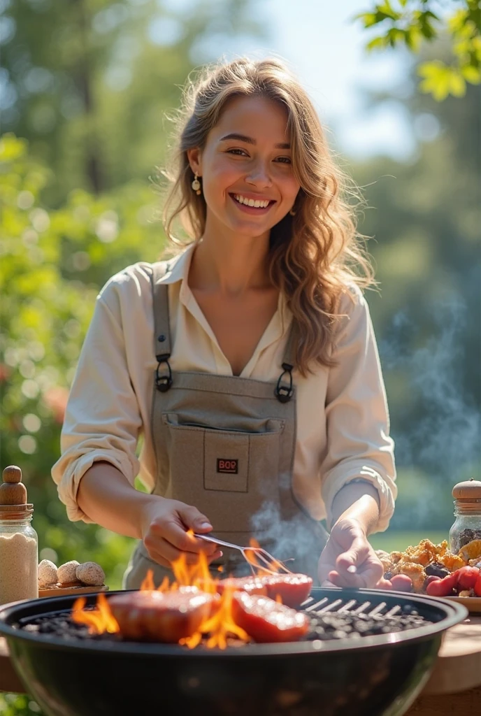 award winning portrait photo of a young woman cooking in an outdoor grill,
smile, joking, digital painting, concept art, smooth, sharp focus, rule of thirds, light fantasy,intricate details,
wide shot