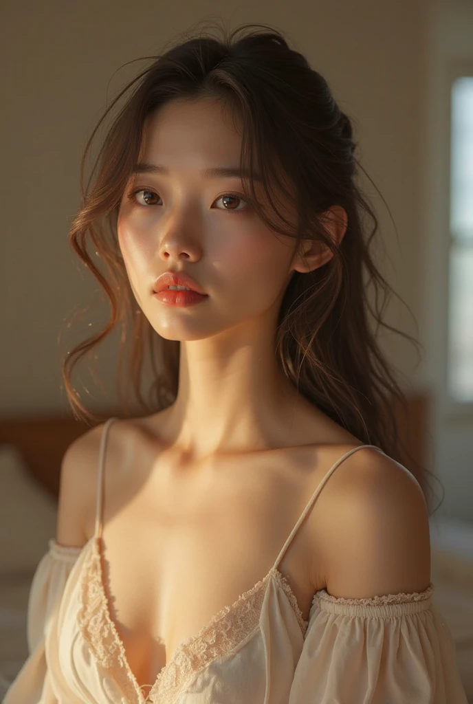(RAW Photos, Highest quality), (Realistic, Photorealistic:1.3), Tabletop, Very delicate and beautiful, Soft Light, (Brown Hair, Straight shoulder-length hair fluttering in the wind), Beautiful detailed girl, (Detailed fingers), Highly detailed eyes and face, Beautifully detailed nose, Beautiful attention to detail, 1 girl, Japanese, Pure beauty, cute, young, Dress shirt, pants, (Half Body:1.3), (Medium chest), Realistic face, Realistic body,Nipples are exposed